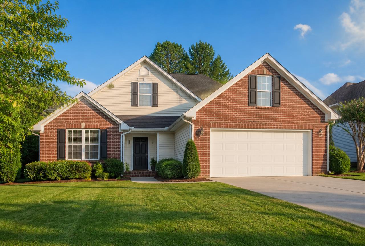 Well-kept brick suburban home with a mown lawn and clean driveway