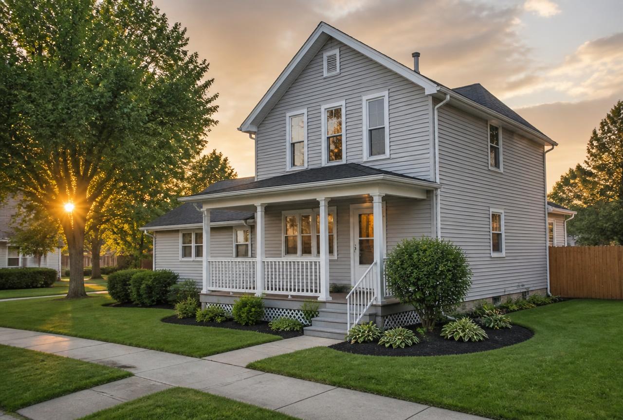 Two story family home in good condition with a front porch and neat landscaping