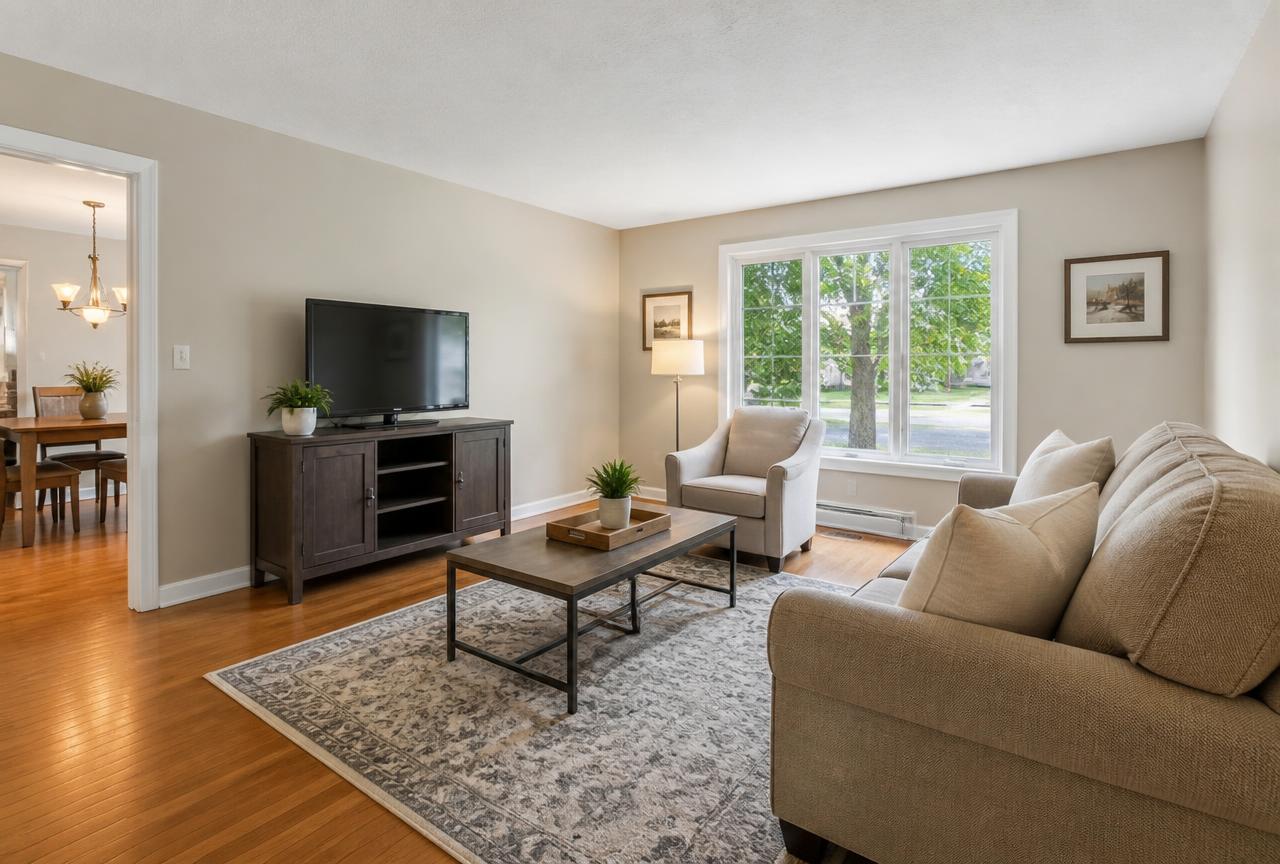Tidy living room with hardwood floors in a well maintained home