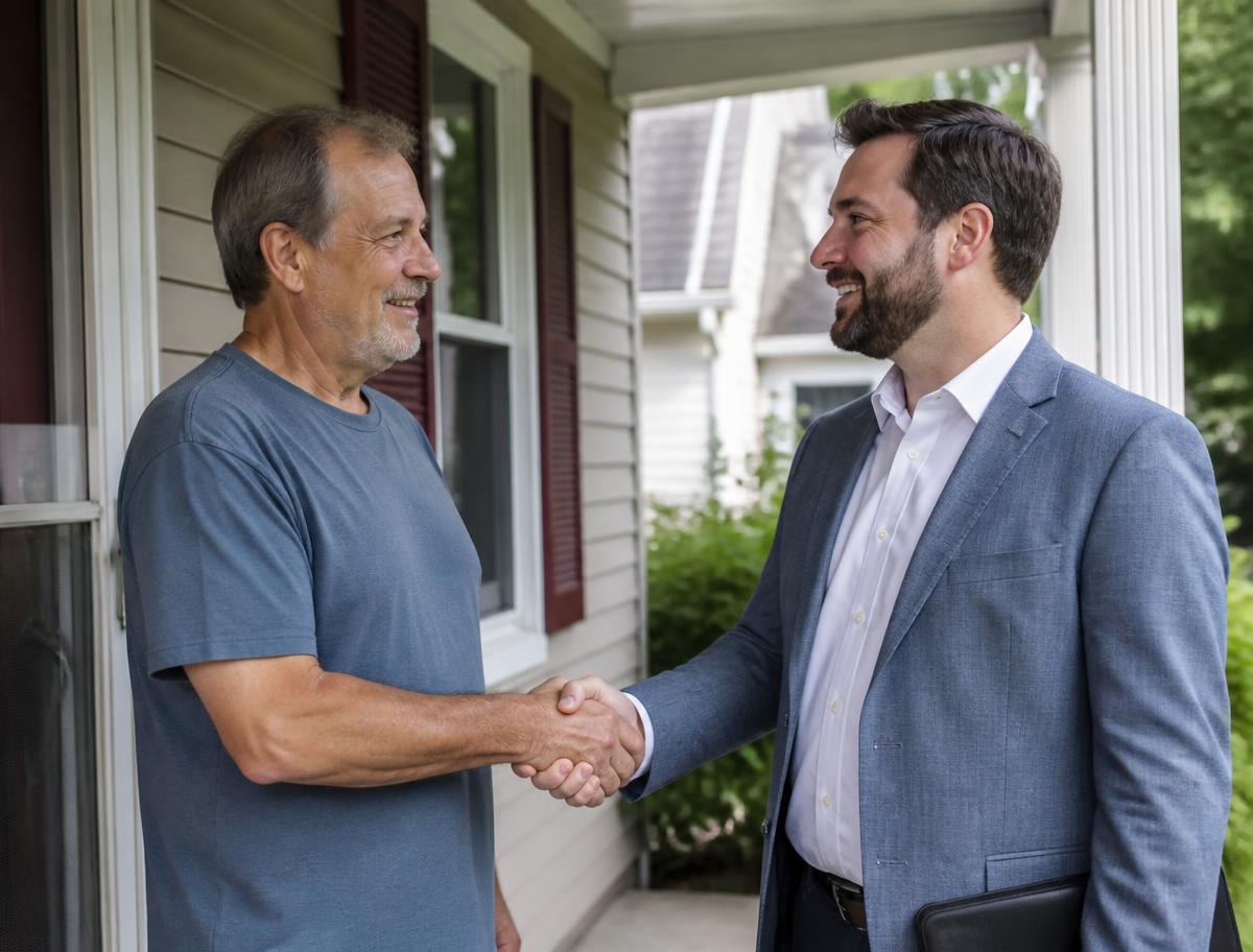 Homeowner shaking hands with a home buying representative on a front porch